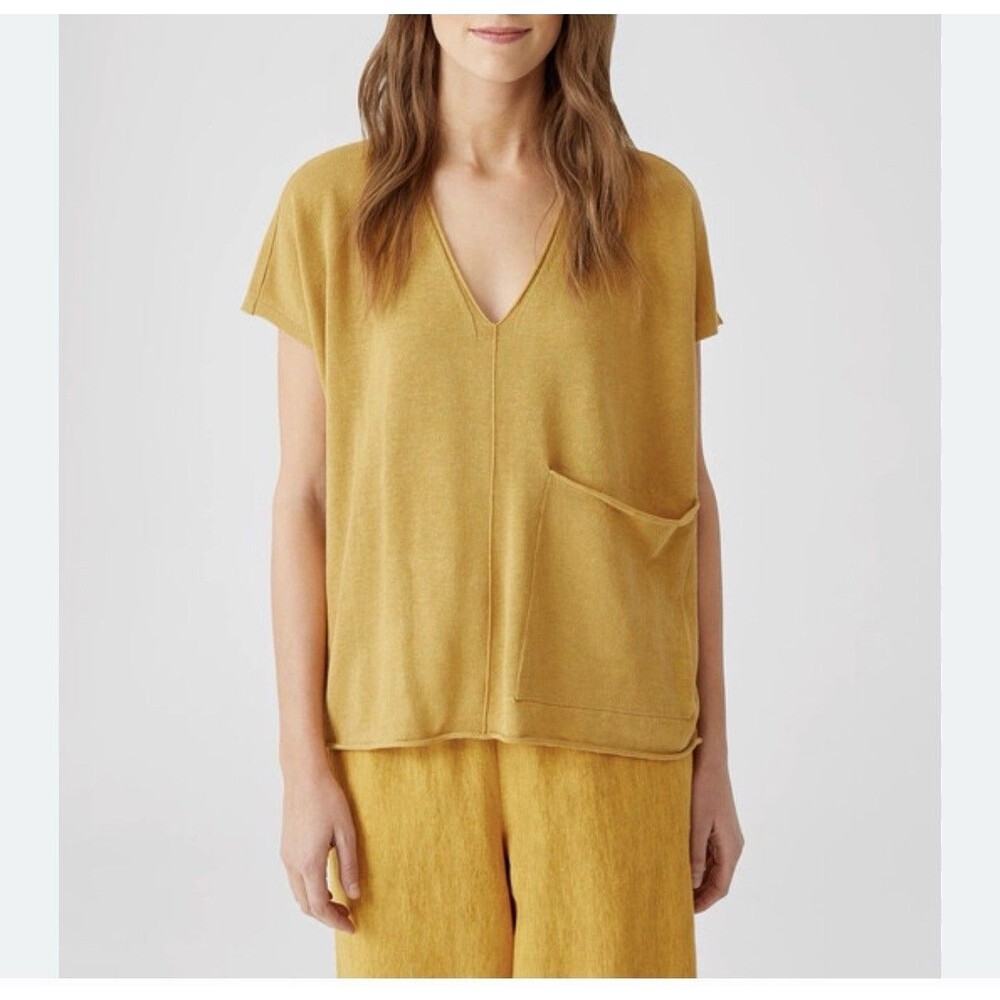 Eileen Fisher Mustard V-Neck Short Sleeve Pocket Top